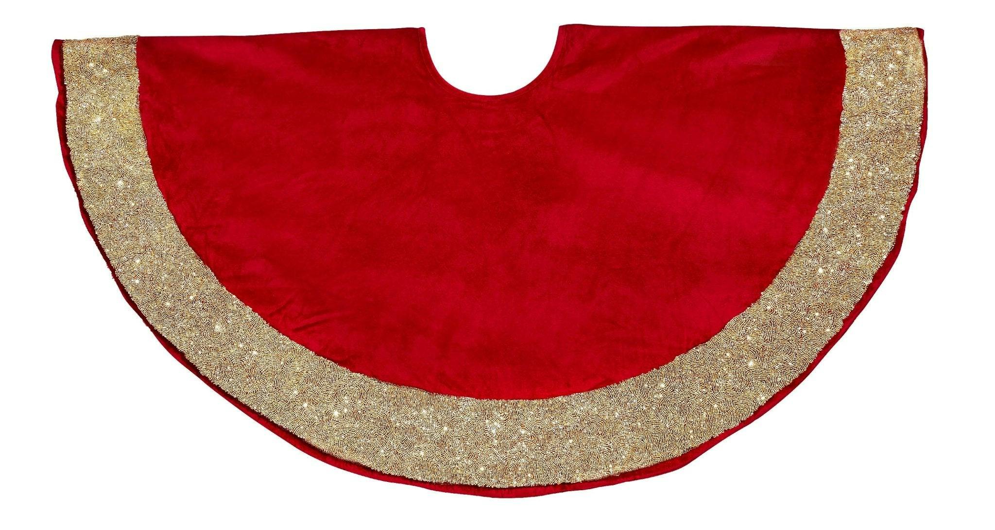 Red Velvet Christmas Tree Skirt Hand Beaded Gold Border - 60