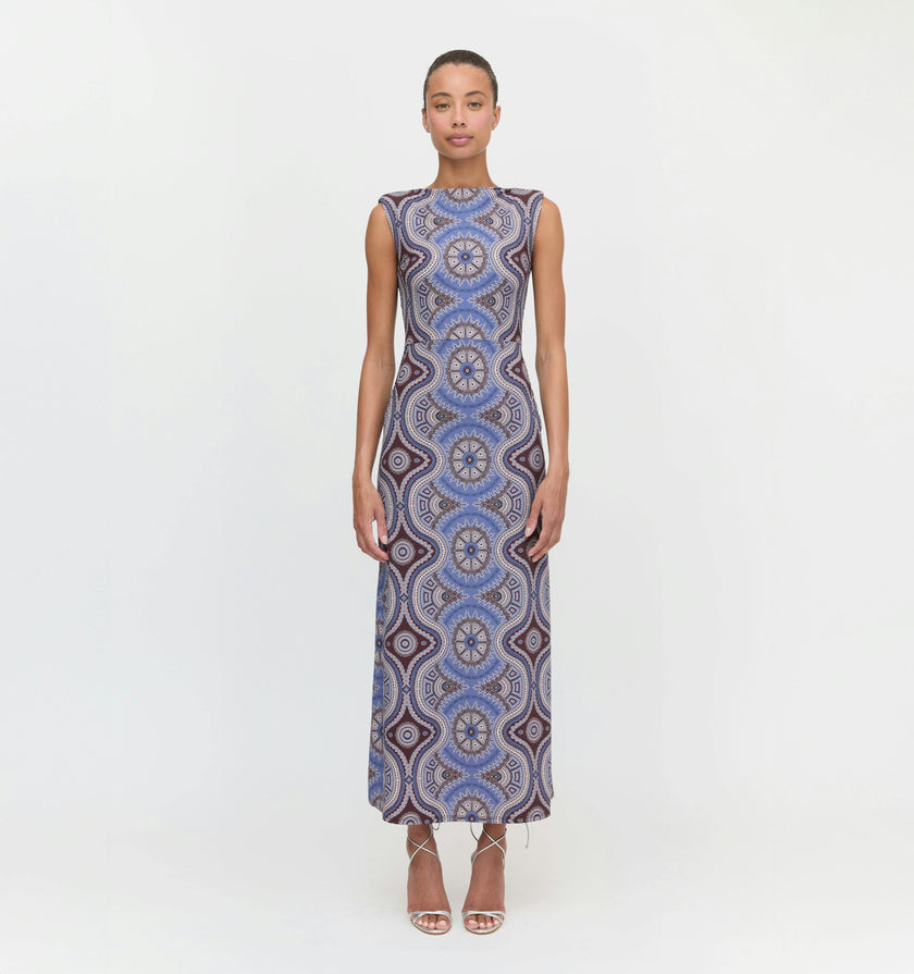 The Sloane Dress - Brown Cobalt Medallion