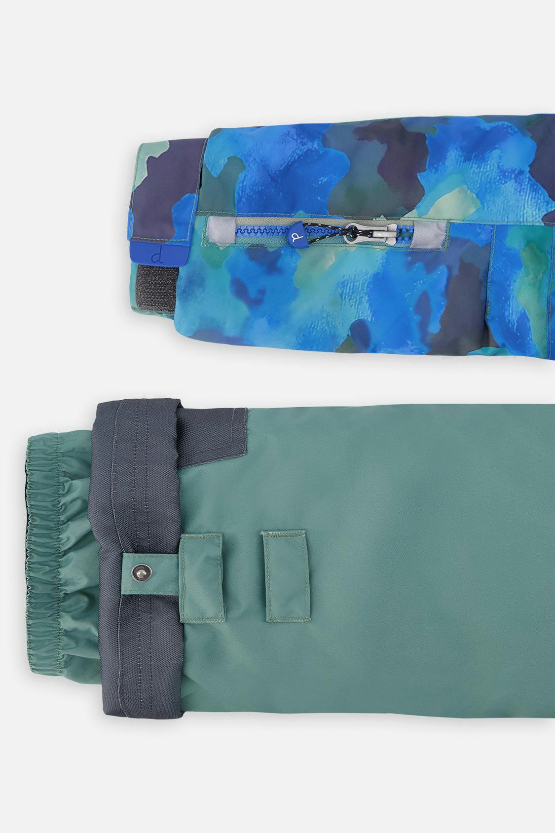 Two Piece Play Snowsuit Blue Camouflage Print With Green Pants