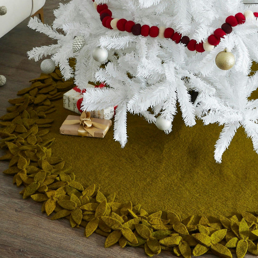 Hand Felted Wool Overlapping Flowers Border Chartreuse XL Christmas Tree Skirt 64" Arcadia Home