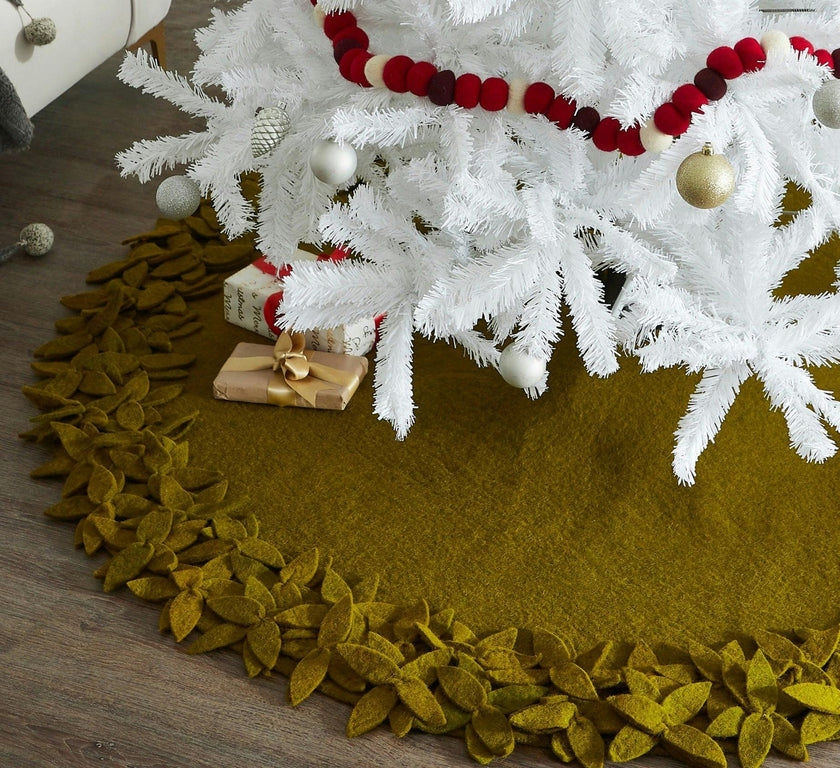 Hand Felted Wool Overlapping Flowers Border Chartreuse XL Christmas Tree Skirt 64"