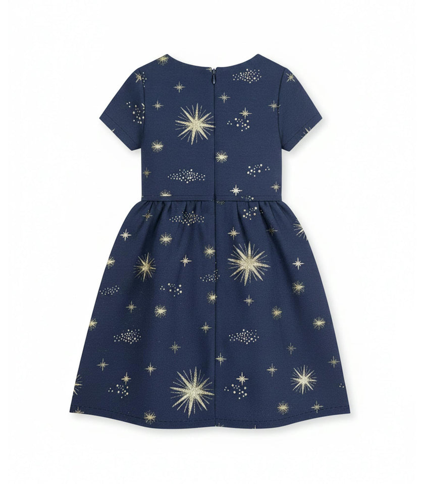 Eryna Girl Dress, French Jacquard - Navy Gold Stars