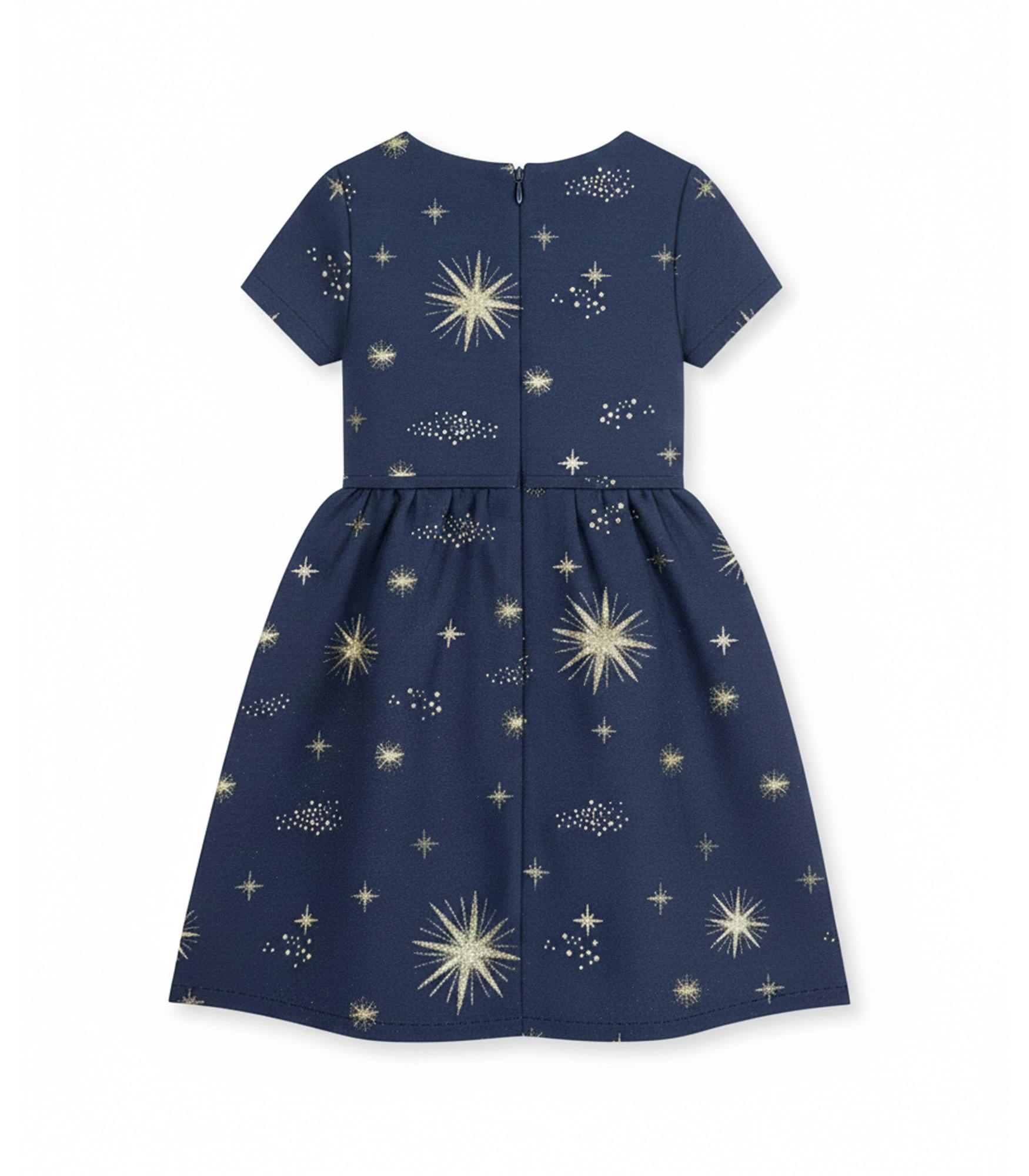 Eryna Girl Dress, French Jacquard - Navy Gold Stars