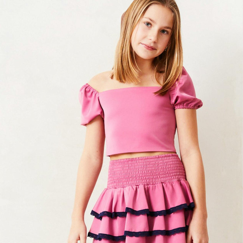 Gemma Satin Rose Mini Skirt with Navy Lace