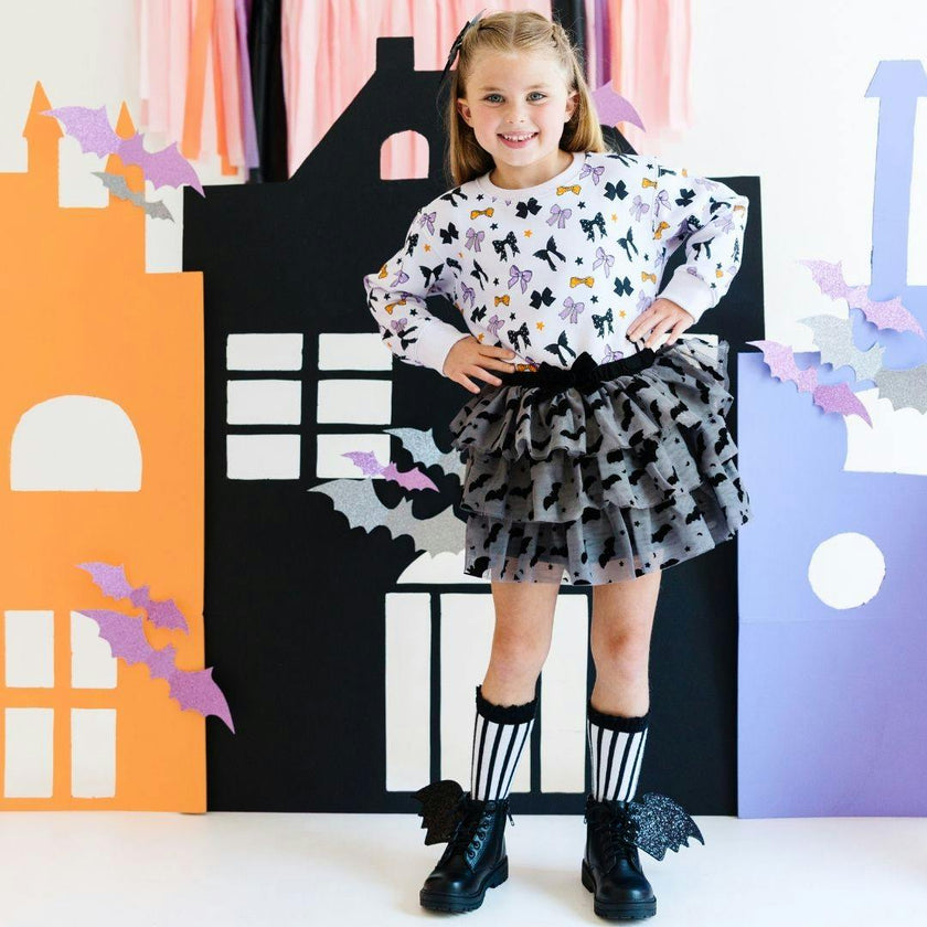 Flocked Bats Halloween Bow Tiered Tutu Skirt
