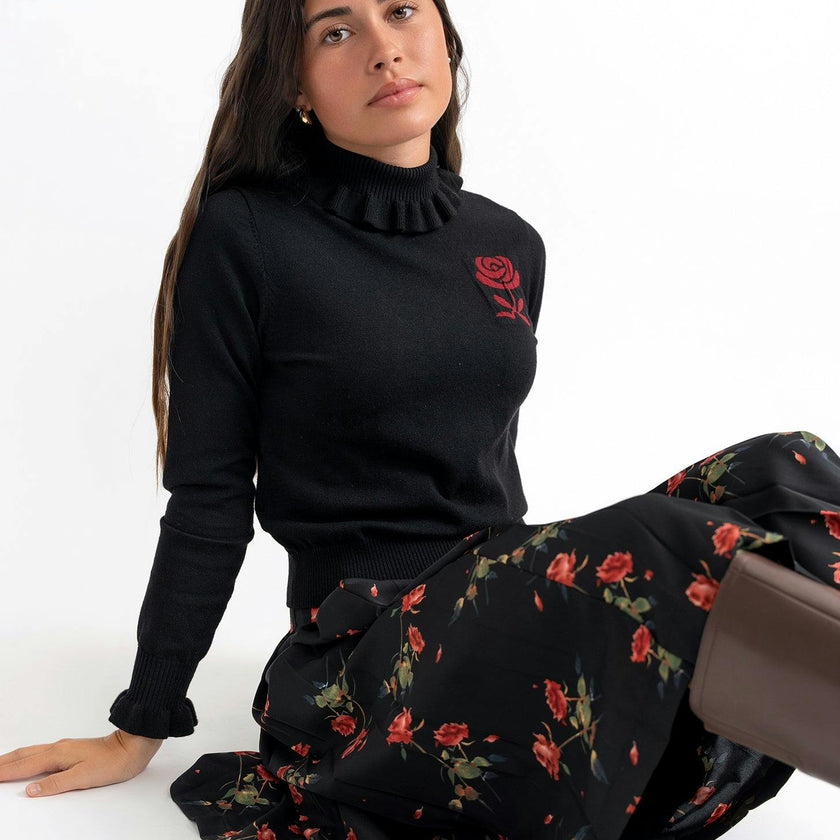 Woven Print Knit Set Black