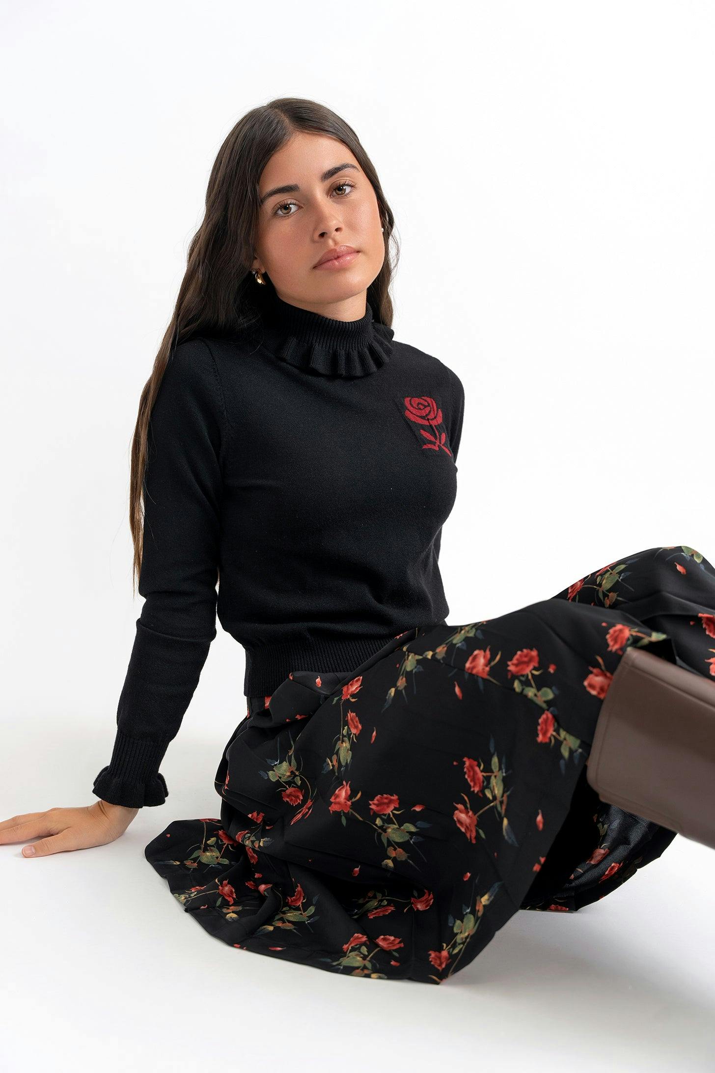 Woven Print Knit Set Black