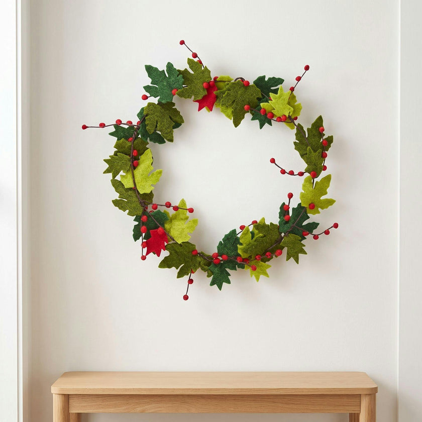 Maple Leaf Wreath Berries Hand Felted Wool - 12"