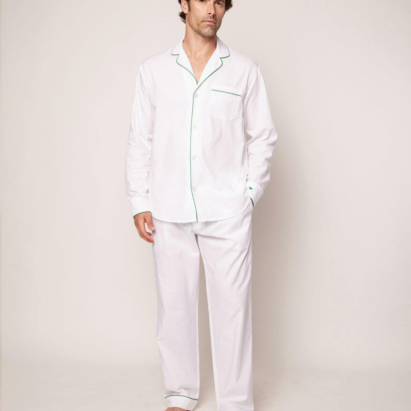 Men's Twill Pajama Set in White with Green Piping