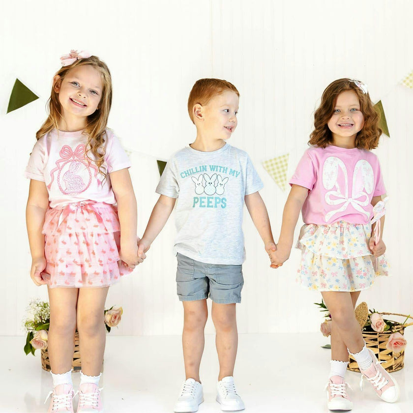 Lace Bunny Bow Patch Easter Short Sleeve T-Shirt - Pink