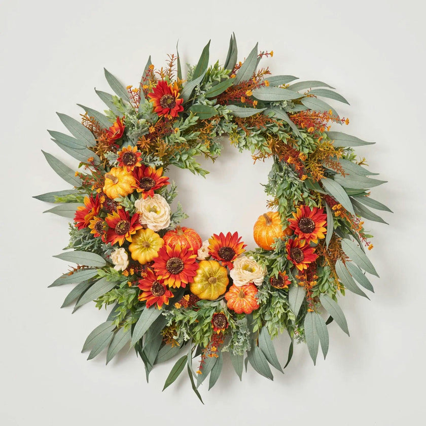 Mixed Autumn Pumpkin, Burnt Orange Sunflowers, Cream Ranunculus & Needle Leaf Eucalyptus Front Door Fall Wreath