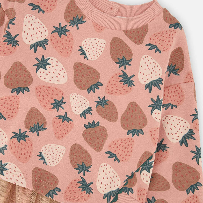 Bi-Material Dress Pink Strawberry Print