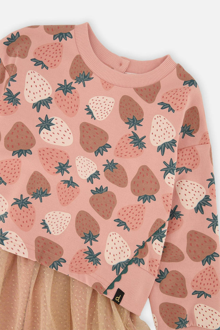 Bi-Material Dress Pink Strawberry Print