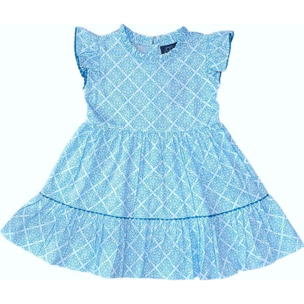Geometric Blue Ruffle Dress