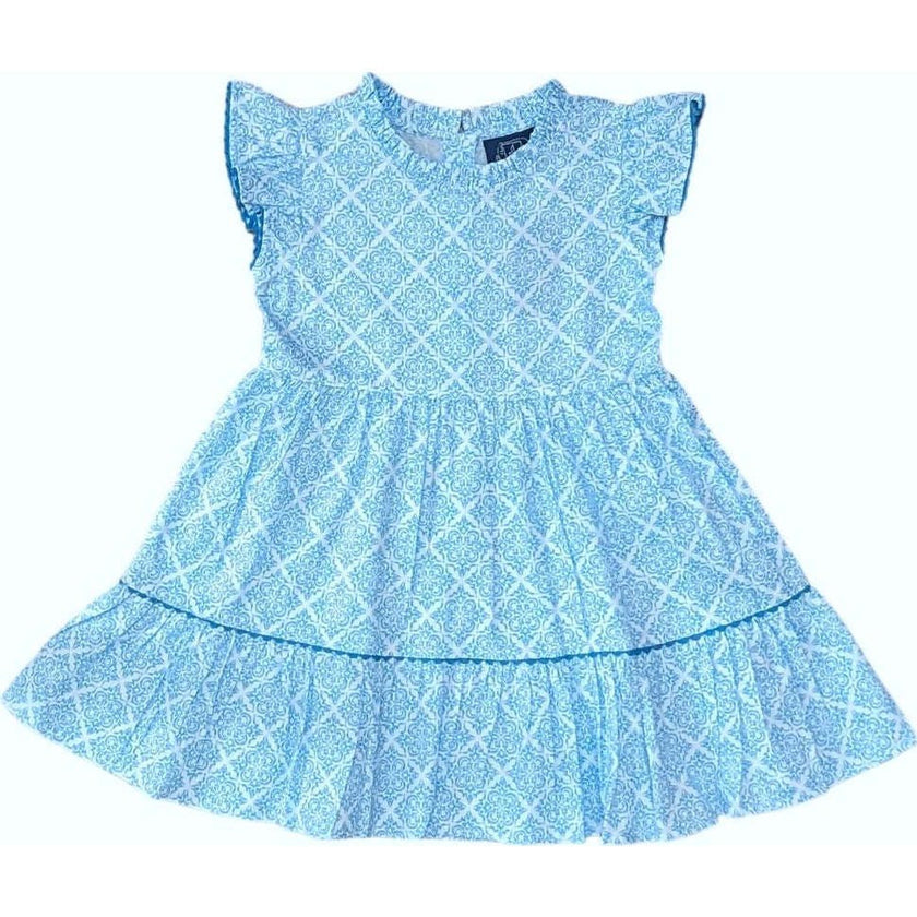 Geometric Blue Ruffle Dress