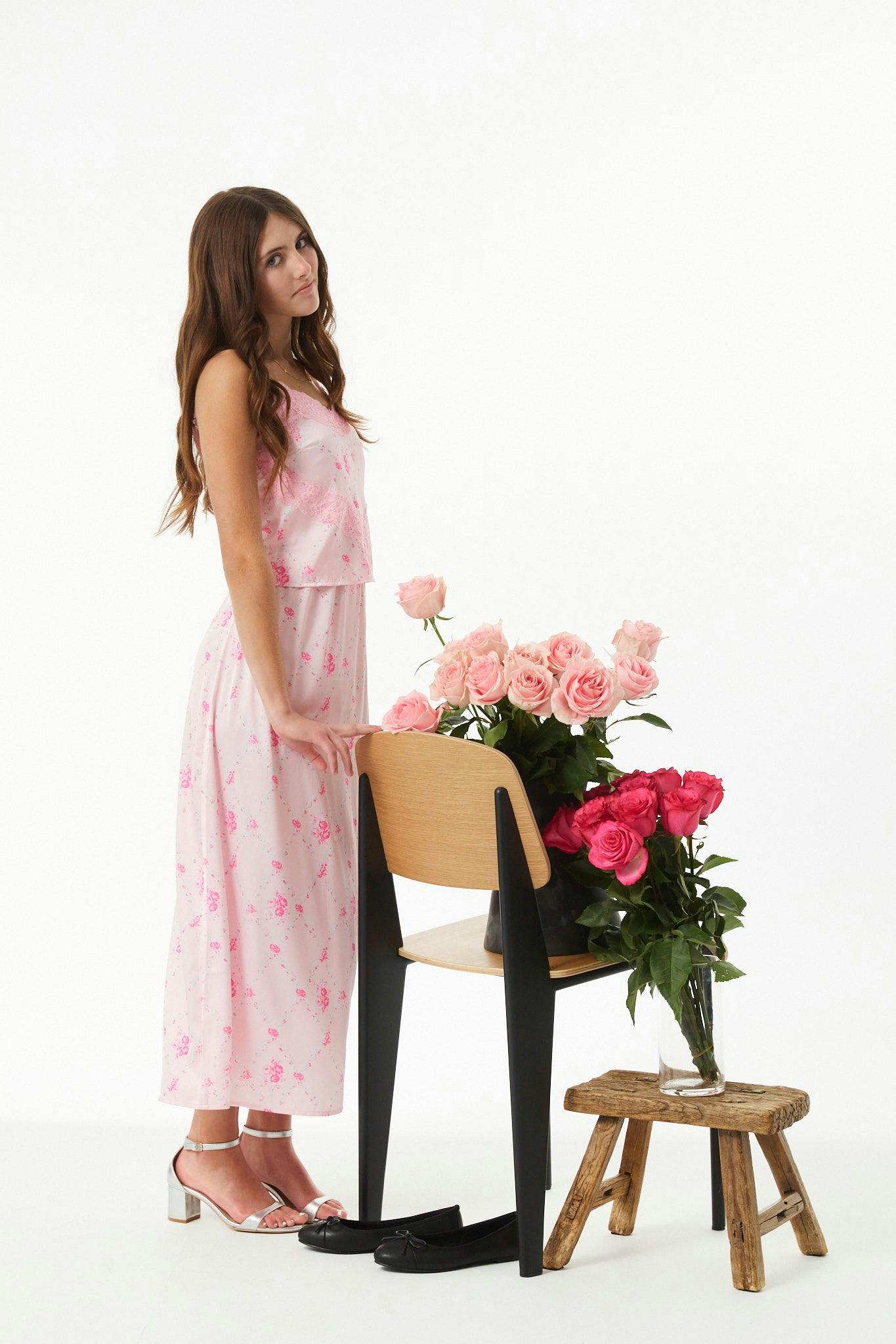 Margot Vintage Rose Ballet Pink With Ballet Pink Lace Satin Tank With Lace Trim