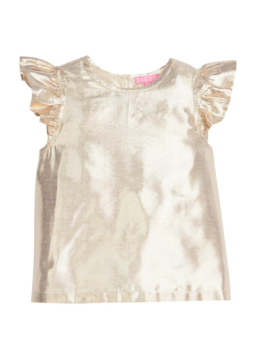 Gold Metallic Ruffle Shoulder Sleeveless Top