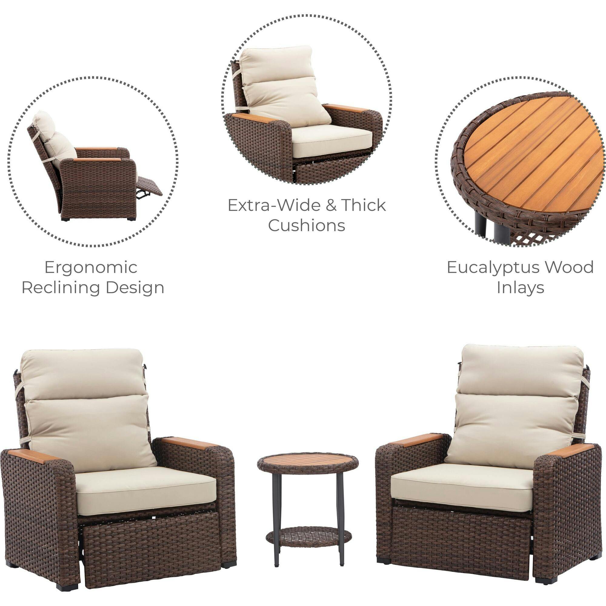 Teamson Home Outdoor Seating  Wicker Frame & Wood Armrests Recliner Set in Warm Brown