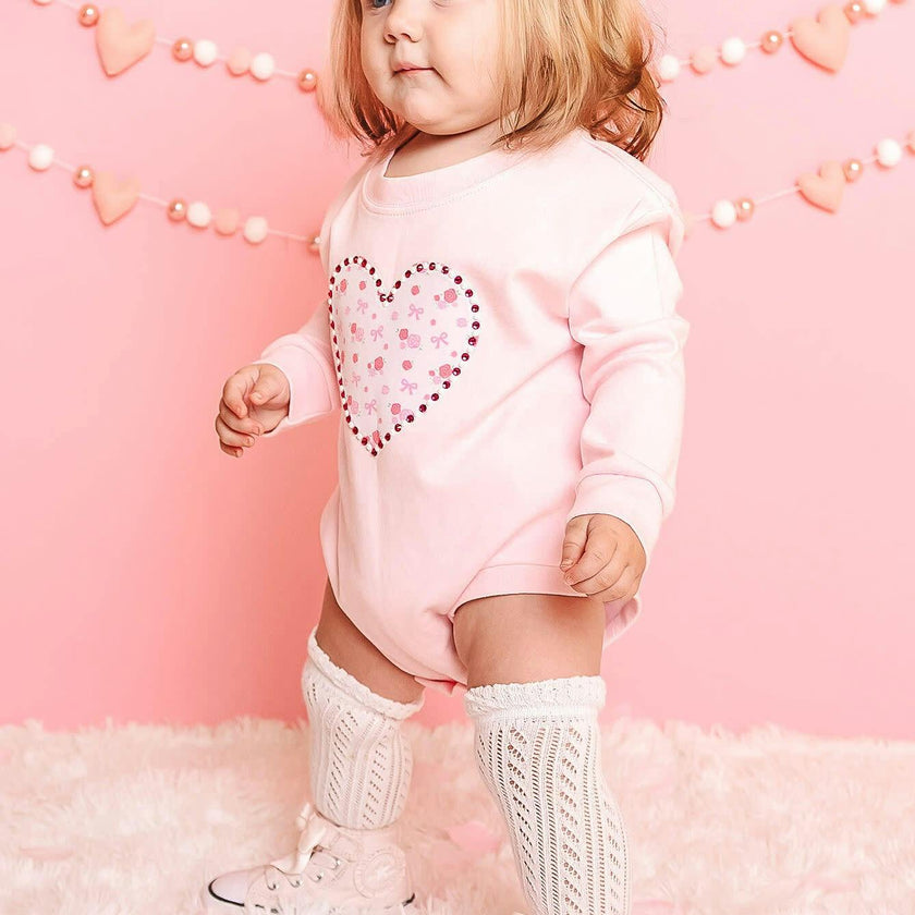Dainty Rose Pearl Heart Patch Long Sleeve Romper