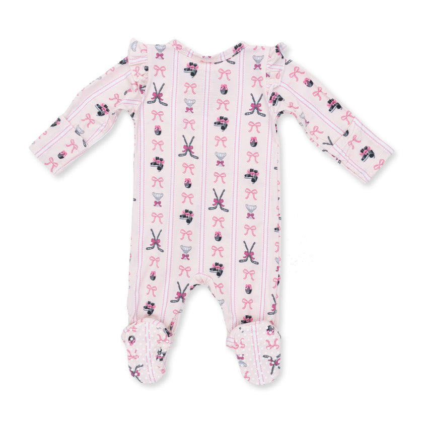 Megan's Bowtiful Hockey Stripe - 2 Way Ruffle Sleeve Zipper Footie