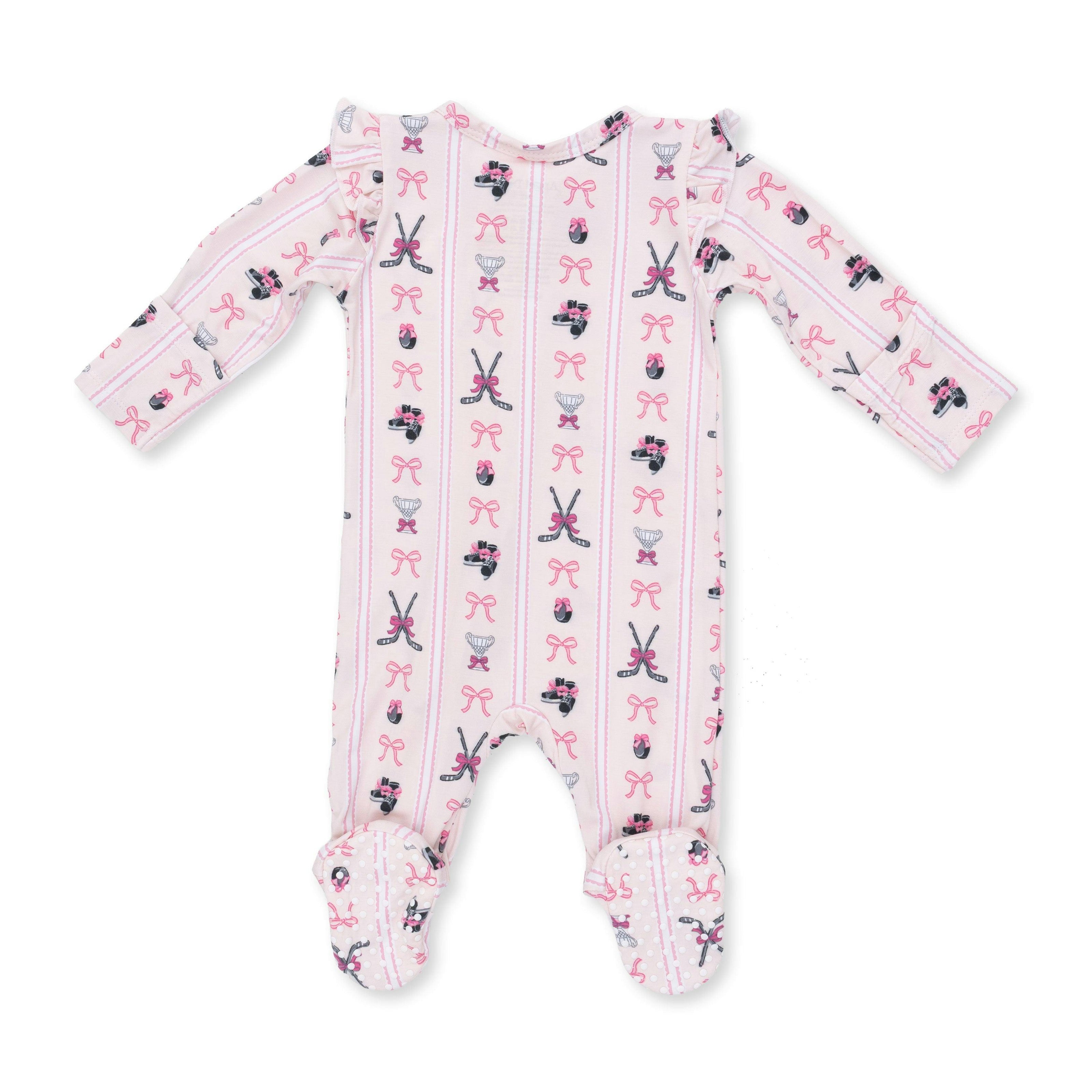 Megan's Bowtiful Hockey Stripe - 2 Way Ruffle Sleeve Zipper Footie