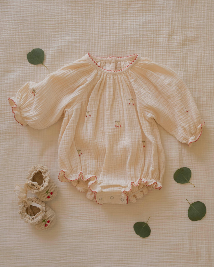 Gauze Romper in Embroidered Cherries