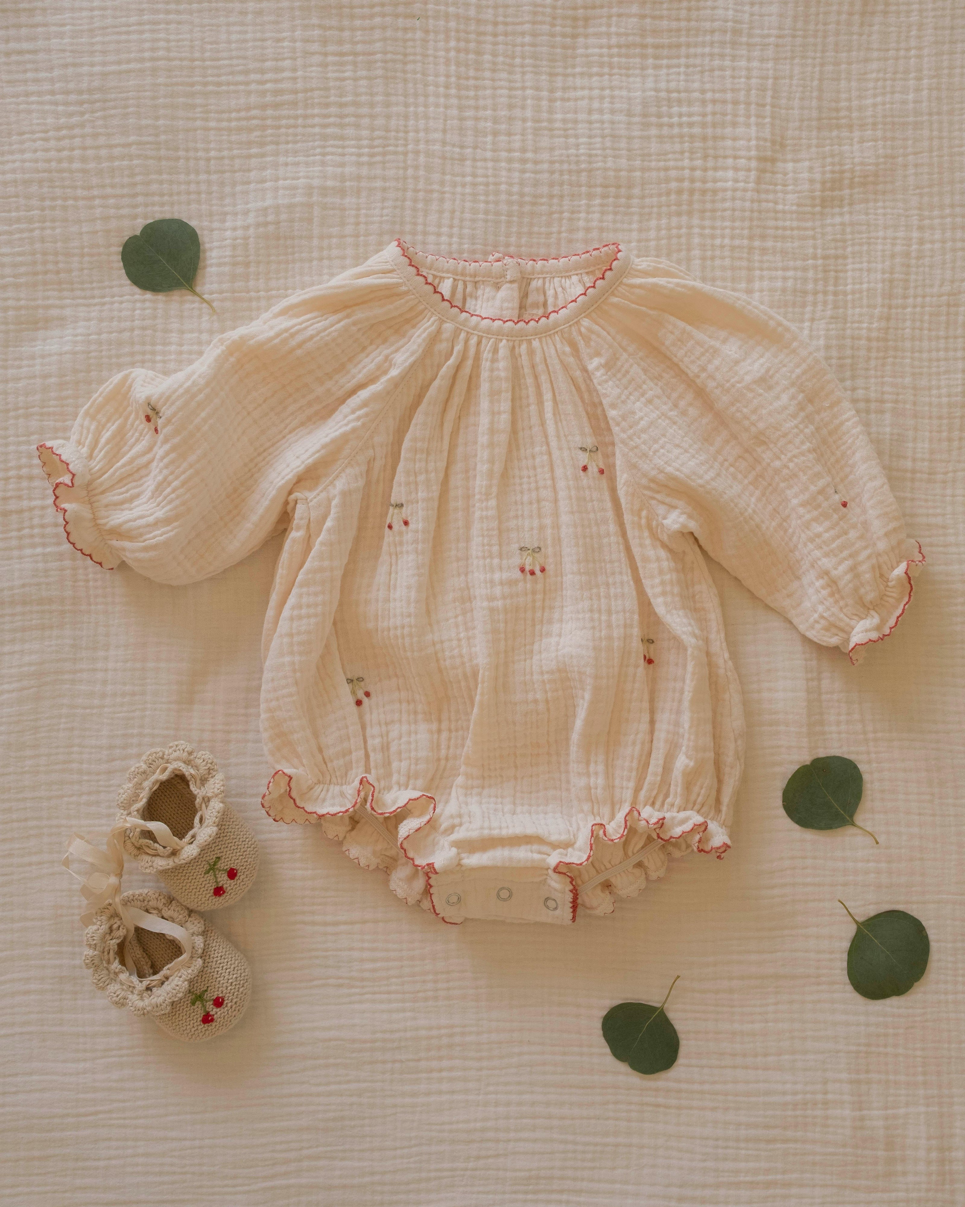 Gauze Romper in Embroidered Cherries
