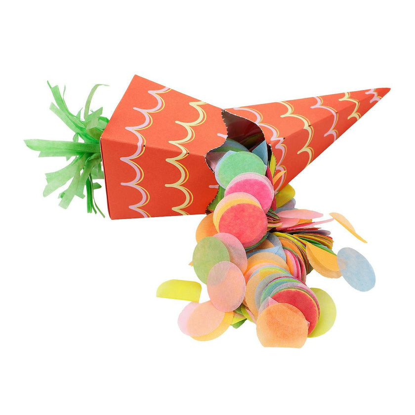 Packed Party Garden Party Carrot Easter Party Crackers Set of 6 - Gold Foil Carrot-Shaped Poppers with Multicolor Confetti and Metal Charm Surprises, 8-9 Inch