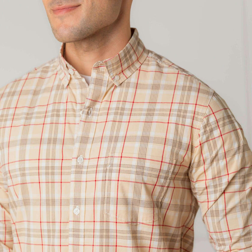 Men's Organic Long Sleeve Stretch Poplin Button Down Shirt, Beige