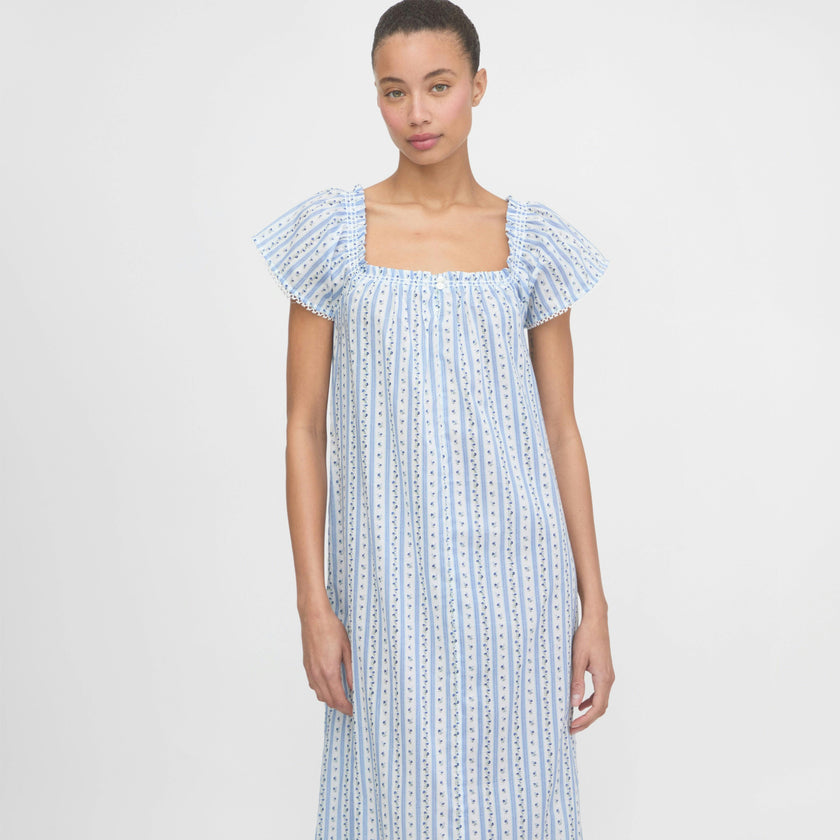 The Therese Nightgown - Blue Petal Stripe