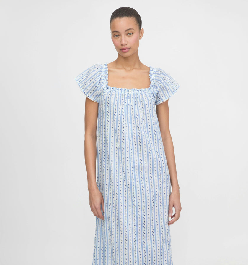 The Therese Nightgown - Blue Petal Stripe