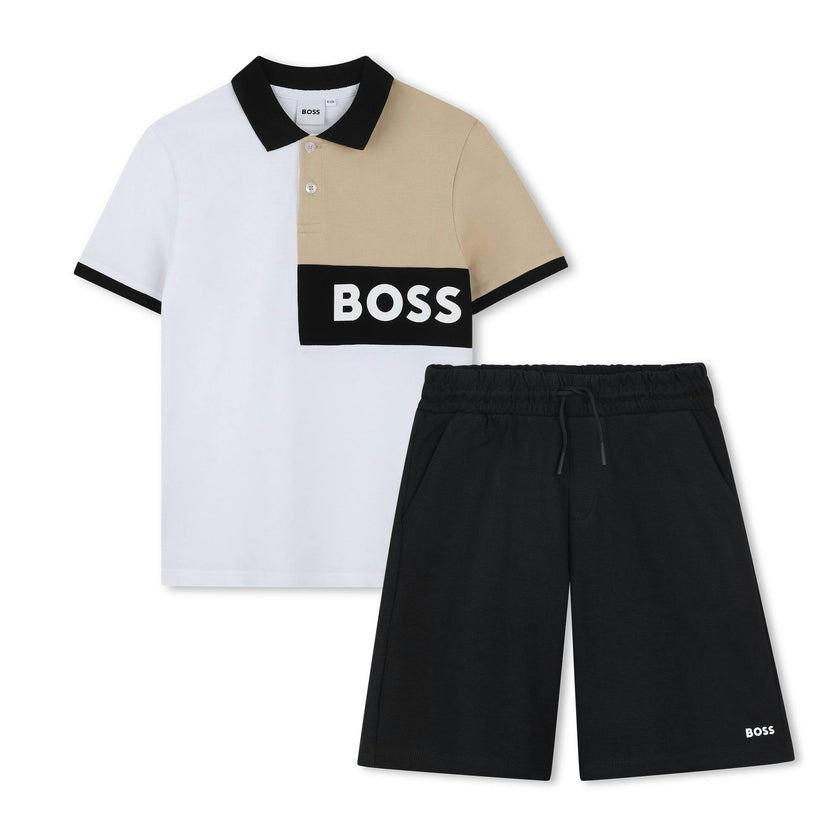 Black Beige Polo Textile Shorts Set
