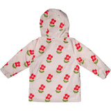 Flower Print Ribbed Cuff Hooded Zipper Raincoat, Pink