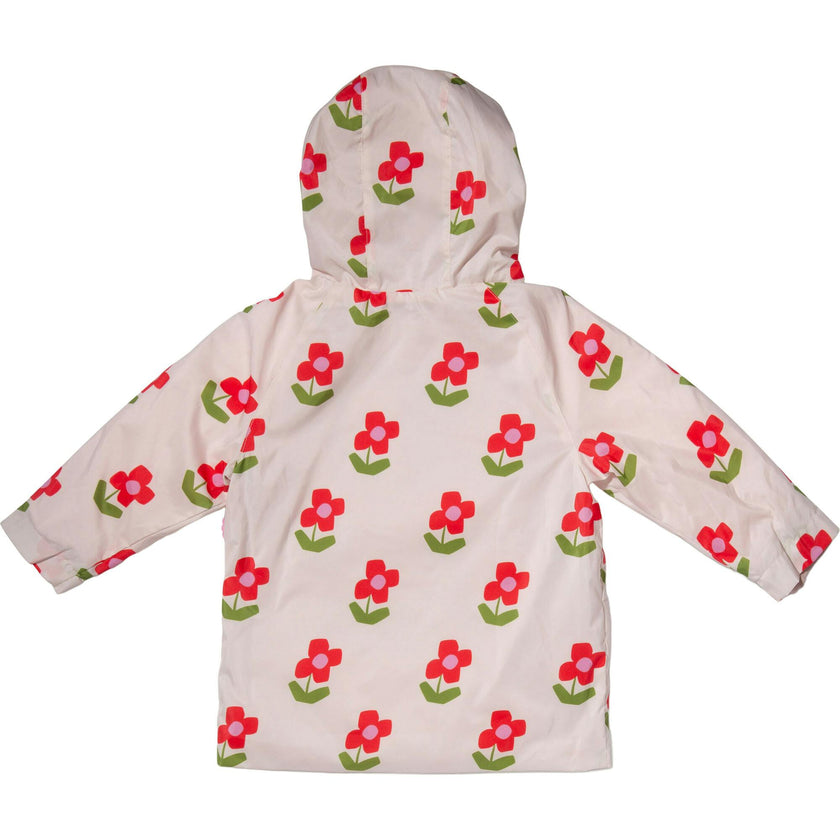 Flower Print Ribbed Cuff Hooded Zipper Raincoat, Pink