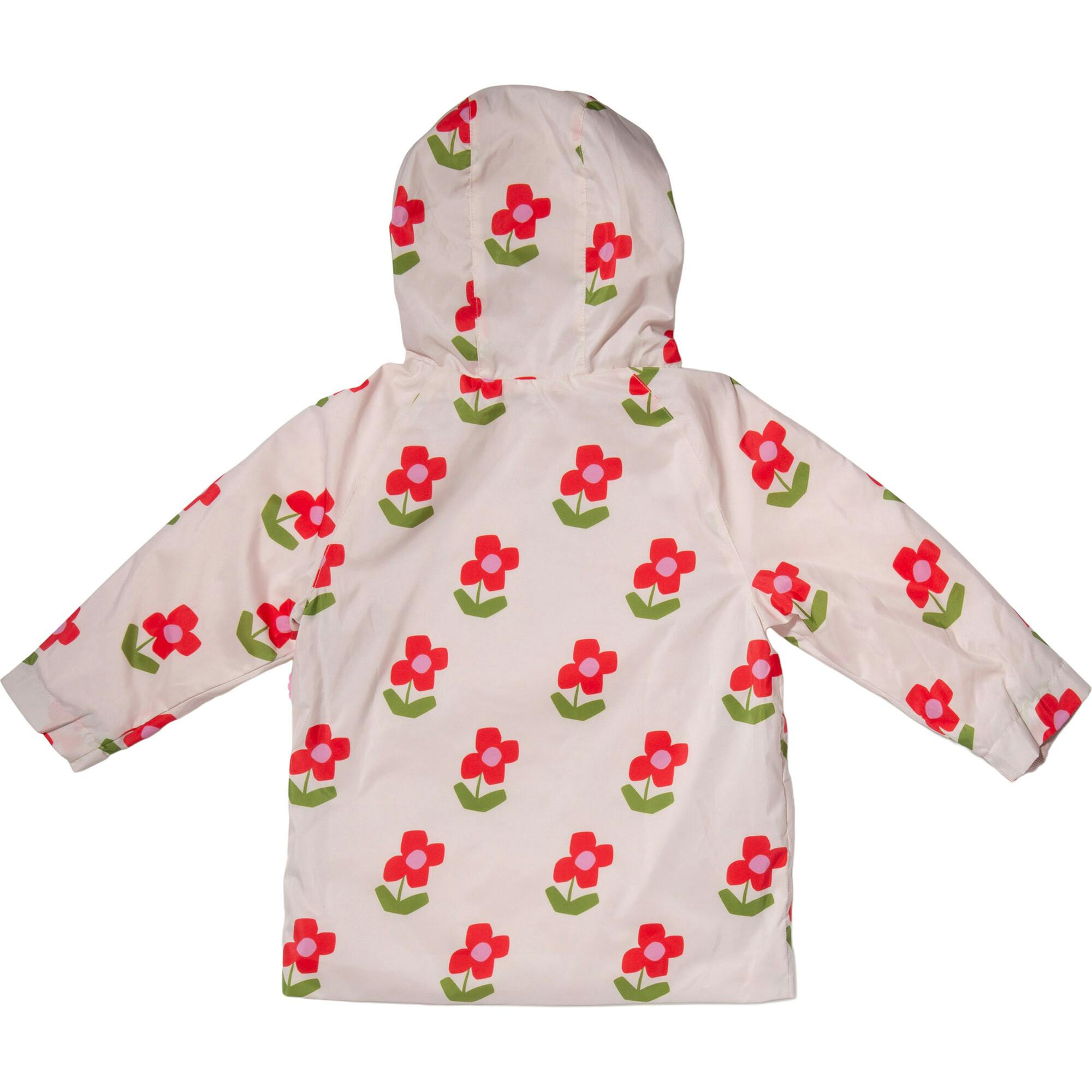 Flower Print Ribbed Cuff Hooded Zipper Raincoat, Pink