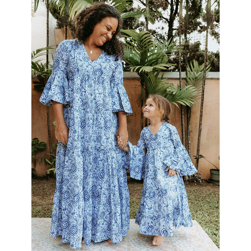Block Printed Women's Dress - Blue Floral
