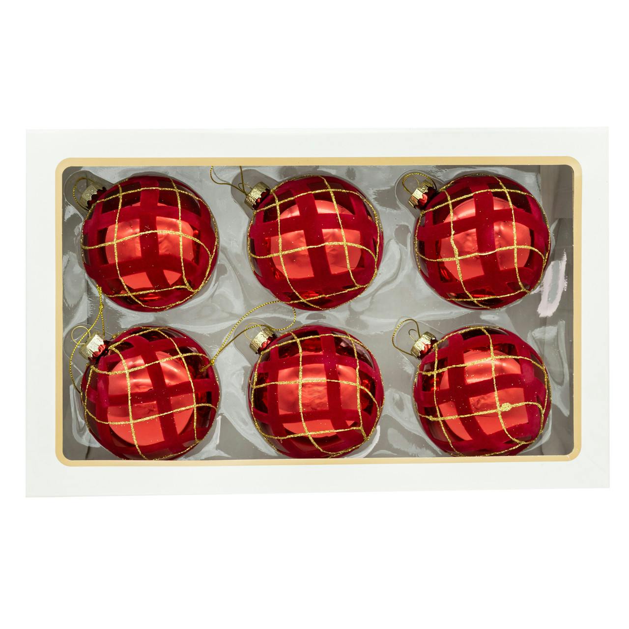 Kurt Adler 80MM Glass Flocked Red With Gold Glittered Design Ball Ornaments, 6-Piece Set