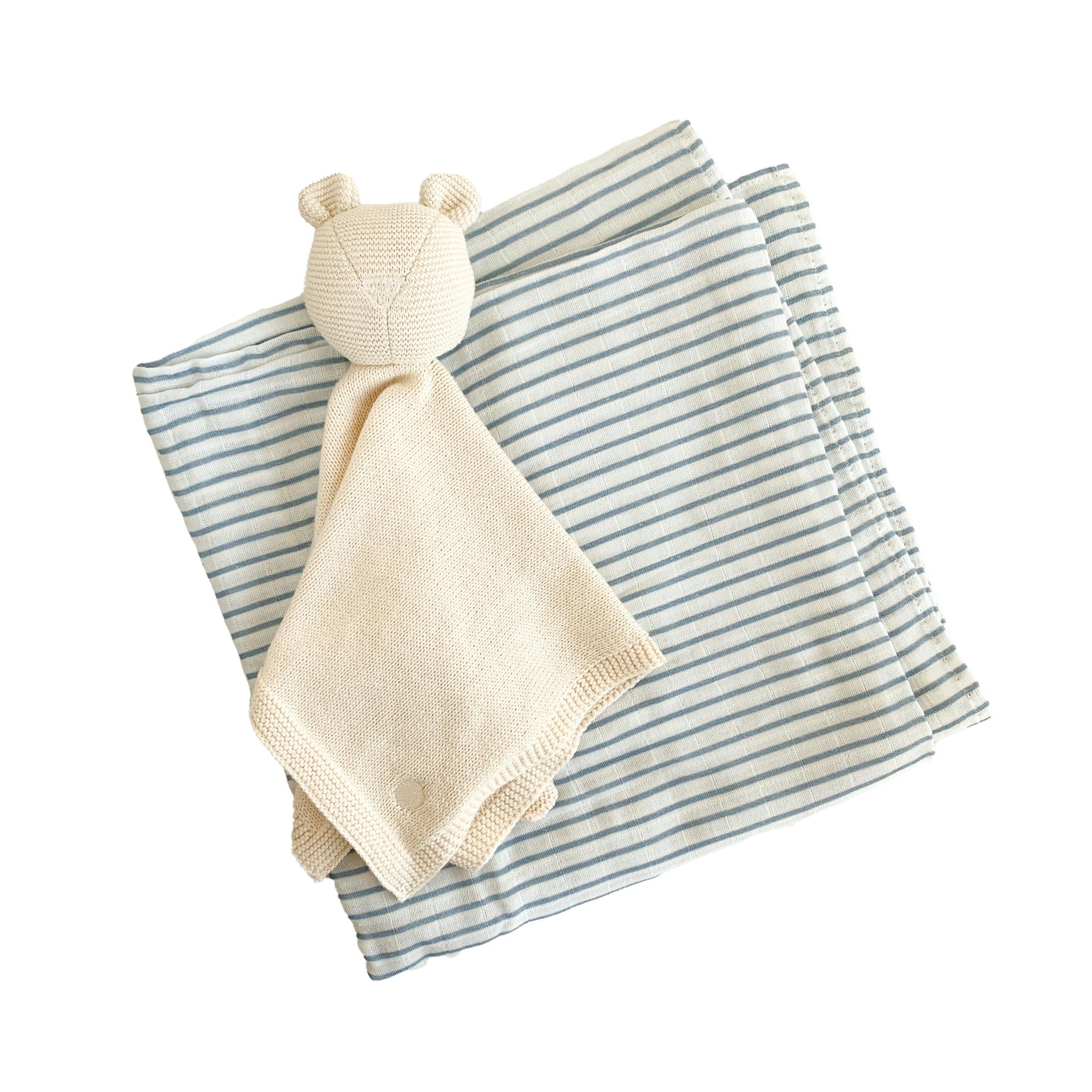 Blue Stripe Swaddle and Lovey Set - Cream Bear