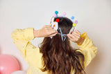 Packed Party Birthday Wishes Reusable Glitter Pom Pom Crown - Metallic Fabric Birthday Candle Crown with Multicolor Poms and Adjustable Satin Ties