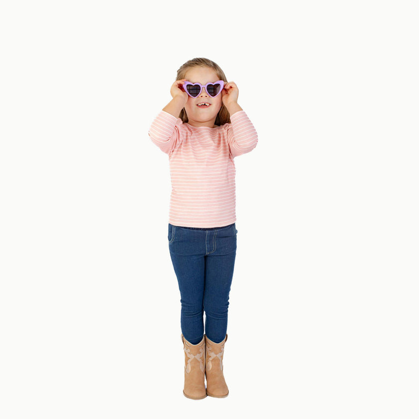 Long Sleeve Puff Sleeve Tee in Pink & White Heart Stripe