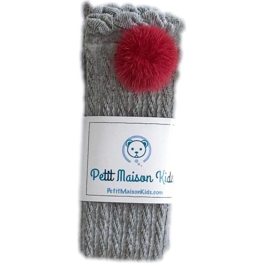 Grey Knee High Socks with Poms