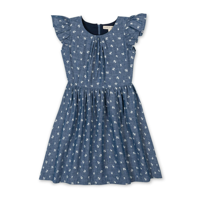 Organic Ruffle Sleeve Chambray Dress