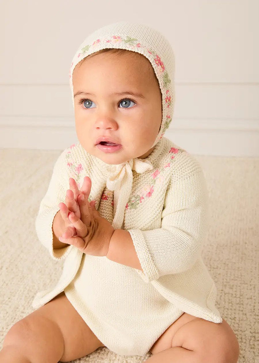 Wildflower Embroidered Two Button Cotton Newborn Cardigan in Cream (1-9mths)