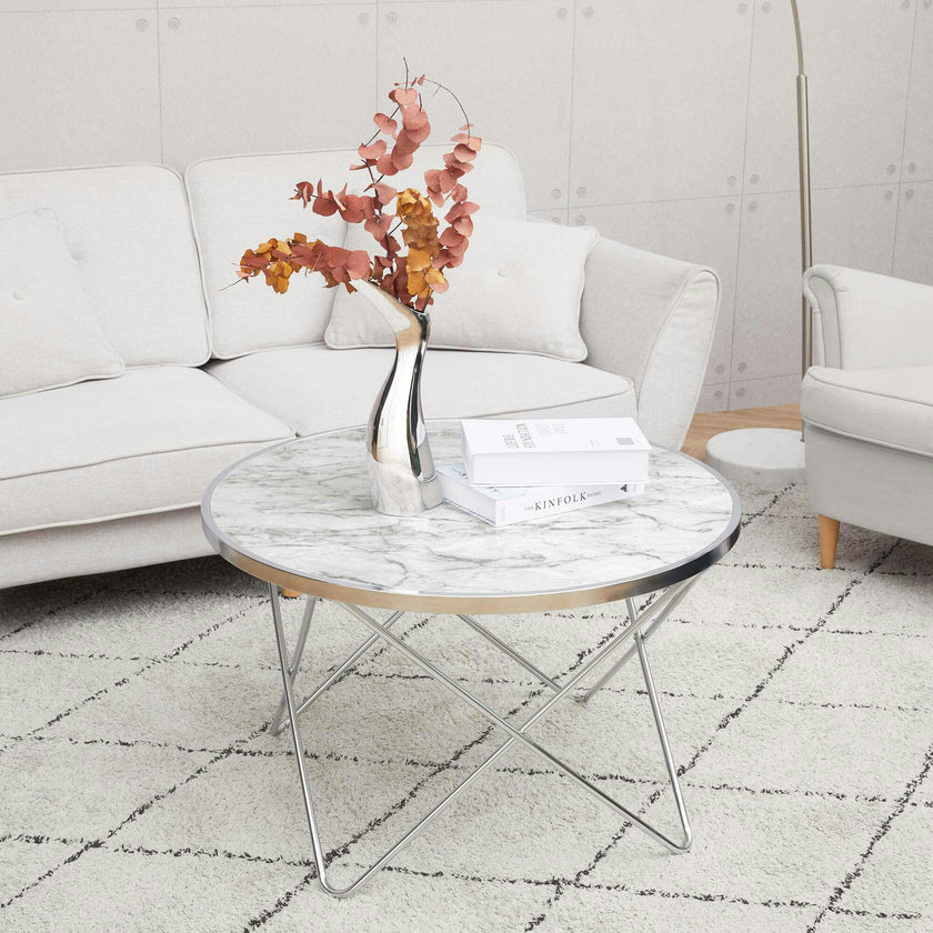 Margo Small 32 Inch Round Faux White Carrara Marble Coffee Table with Silver Metal Geometric Criss Cross Base and Legs