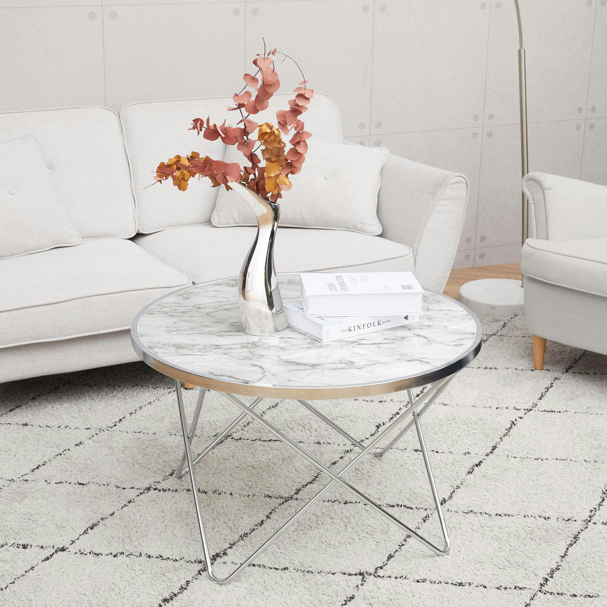 Margo Small 32 Inch Round Faux White Carrara Marble Coffee Table with Silver Metal Geometric Criss Cross Base and Legs