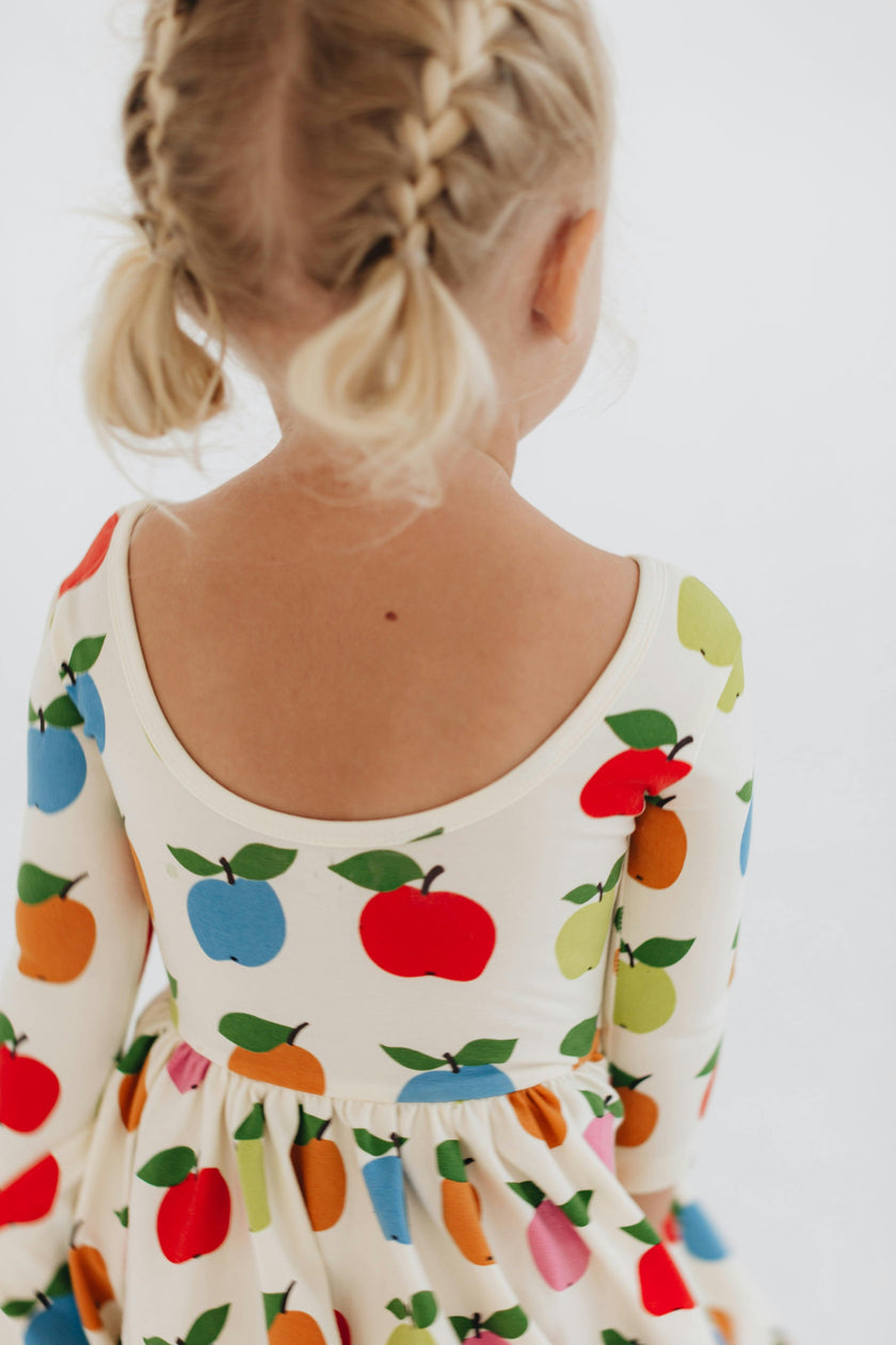 3/4 Sleeve Twirl Dress in Colorful Apples