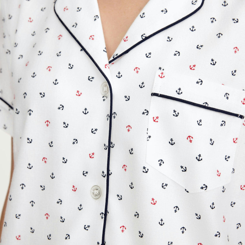 Women's Twill Short Sleeve Short Set in Anchors Away White