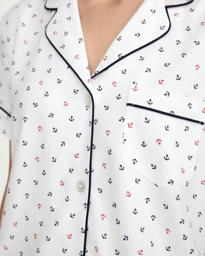 Women's Twill Short Sleeve Short Set in Anchors Away White