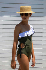 Jade Contrast Ric-Rac Ruffle One-Shoulder Cut-Out Swimsuit
