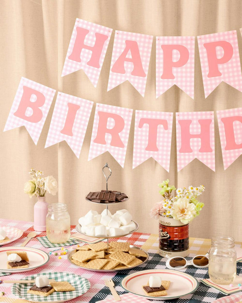 Gingham Birthday Banner - pre-strung banner